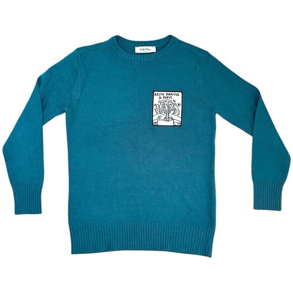Keith Haring A Paris Graphic Patch Crewneck Sweater Size S/M Teal Streetwear VTG - Picture 1 of 7